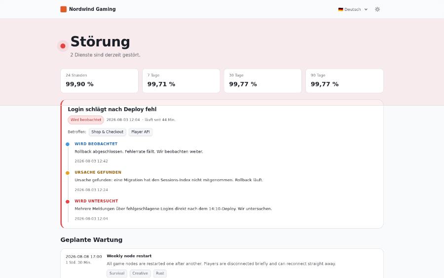 Statusseite während einer Störung mit rotem Banner und Update-Verlauf